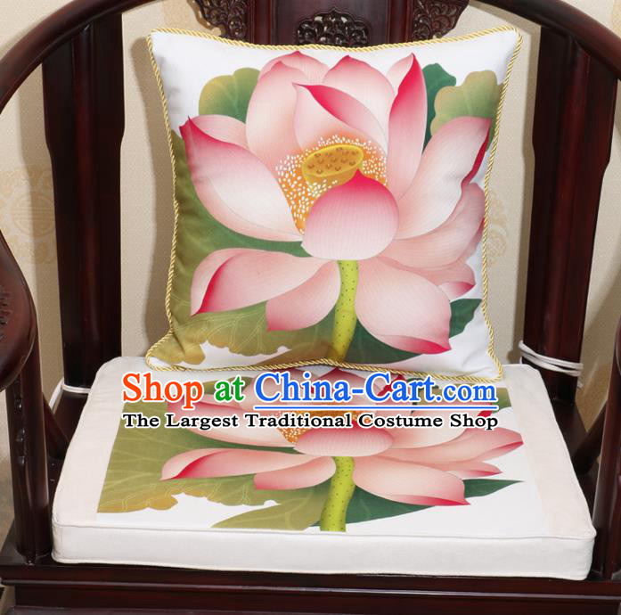 Chinese Classical Household Ornament Traditional Lotus Pattern White Brocade Cushion Cover and Armchair Mat Cover