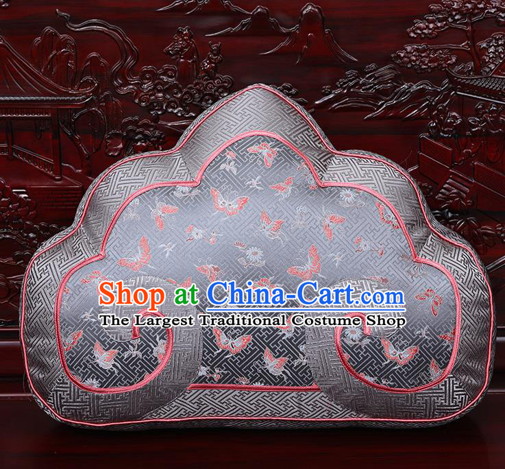 Chinese Traditional Arhat Bed Grey Brocade Back Cushion Cover Classical Household Ornament