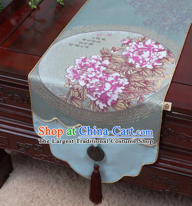 Chinese Traditional Peony Pattern Blue Brocade Table Cloth Classical Household Ornament Table Flag
