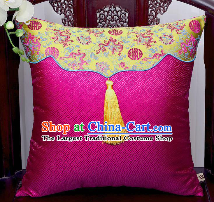 Chinese Traditional Dragons Pattern Rosy Brocade Tassel Back Cushion Cover Classical Household Ornament