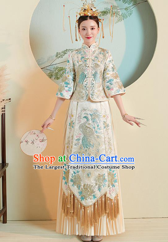 Chinese Traditional Wedding Costumes White Xiuhe Suits Ancient Embroidered Bride Toast Full Dress for Women