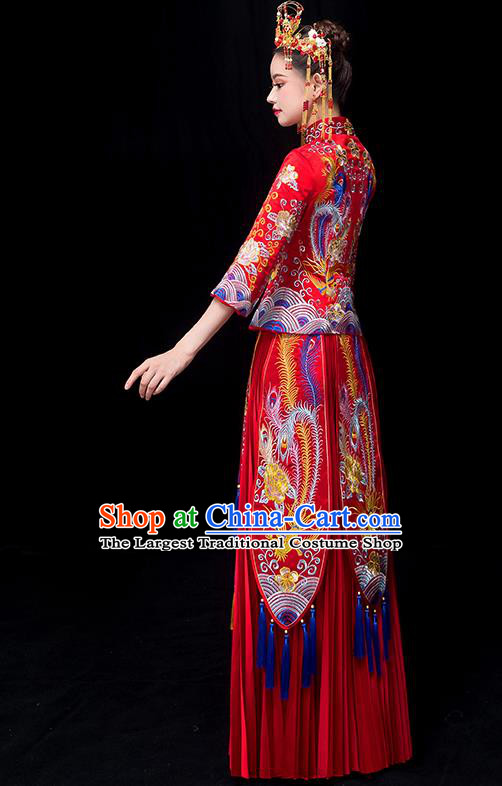Chinese Traditional Bride Xiuhe Suits Ancient Handmade Embroidered Phoenix Red Wedding Costumes for Women