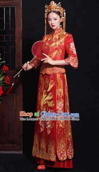 Chinese Traditional Bride Embroidered Phoenix Peony Xiuhe Suits Ancient Handmade Wedding Costumes for Women