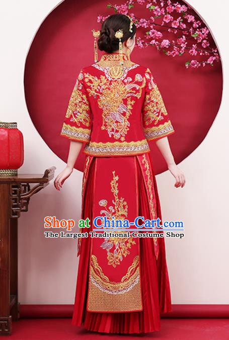 Chinese Traditional Bride Gilding Peony Red Xiuhe Suits Ancient Handmade Wedding Costumes for Women