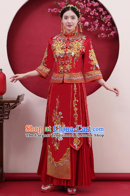 Chinese Traditional Bride Rhinestone Red Xiuhe Suits Ancient Handmade Wedding Costumes for Women