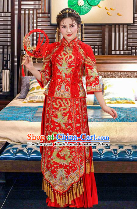 Chinese Traditional Bride Dragon Phoenix Red Xiuhe Suits Ancient Handmade Embroidered Wedding Costumes for Women
