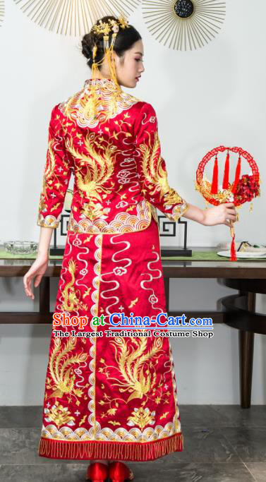 Chinese Traditional Bride Red Silk Xiuhe Suits Ancient Handmade Embroidered Wedding Costumes for Women