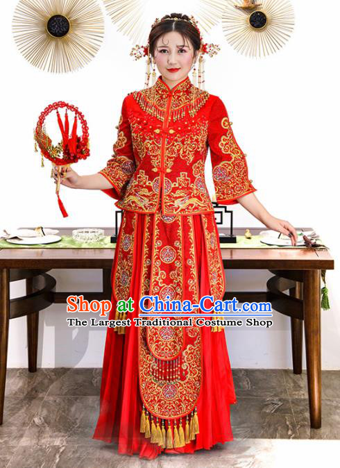 Chinese Traditional Bride Xiuhe Suits Ancient Handmade Embroidered Red Wedding Costumes for Women