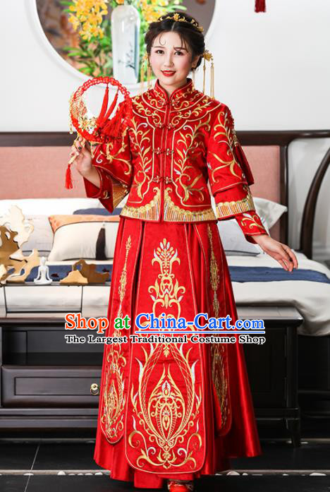 Chinese Traditional Bride Red Xiuhe Suits Ancient Handmade Embroidered Wedding Dresses for Women