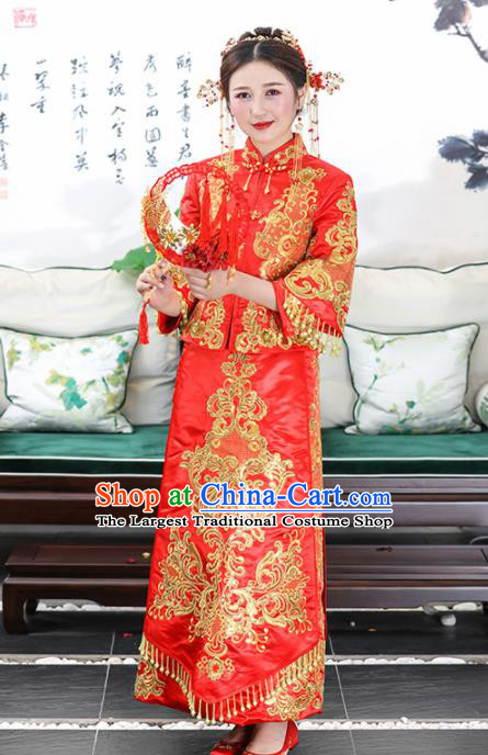 Chinese Traditional Bride Red Satin Xiuhe Suits Ancient Handmade Wedding Dresses for Women