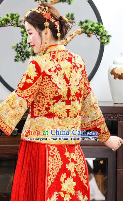 Chinese Traditional Bride Embroidered Dragons Peony Xiuhe Suits Ancient Handmade Red Wedding Dresses for Women