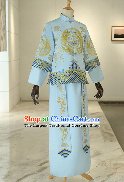 Chinese Traditional Wedding Blue Gown Ancient Bridegroom Embroidered Costumes for Men