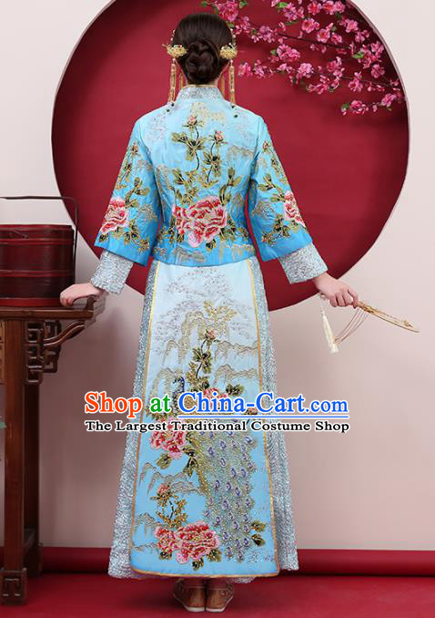 Chinese Traditional Bride Diamante Peacock Blue Xiuhe Suits Ancient Handmade Wedding Costumes for Women