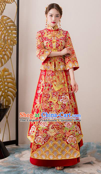 Chinese Traditional Bride Embroidered Cheongsam Ancient Handmade Xiuhe Suits Wedding Dress for Women
