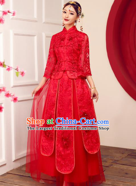 Chinese Traditional Wedding Dress Ancient Bride Embroidered Lace Xiuhe Suits Costumes for Women
