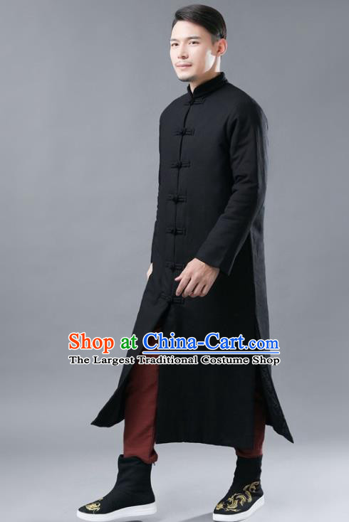 Chinese Traditional Costume Tang Suits National Mandarin Black Cotton Padded Long Coat for Men