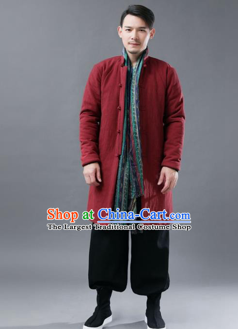 Chinese Traditional Costume Tang Suits Red Cotton Padded Coat National Navy Mandarin Shirt for Men