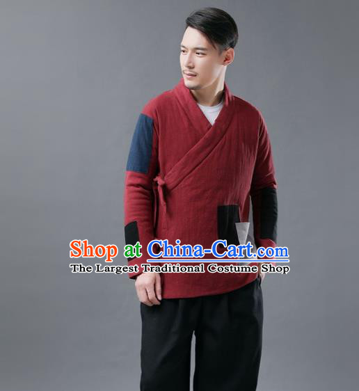 Chinese Traditional Costume Tang Suits Cotton Padded Jacket National Red Mandarin Shirt for Men