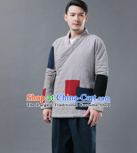 Chinese Traditional Costume Tang Suits Cotton Padded Jacket National Grey Mandarin Shirt for Men