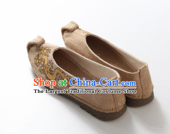 Chinese Traditional Martial Arts Shoes Kung Fu Shoes Embroidered Dragon Beige Linen Monk Shoes for Men