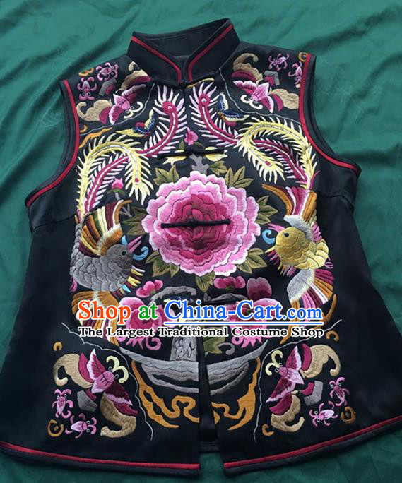 Chinese Traditional Costume Tang Suit Embroidered Peony Black Vest National Silk Qipao Waistcoat for Women