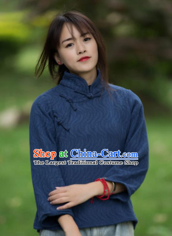Chinese Traditional Costume Tang Suit Navy Shirts National Qipao Blouse for Women