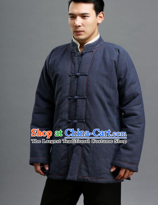 Chinese Traditional Costume Tang Suit Navy Overcoat National Mandarin Cotton Wadded Jacket for Men