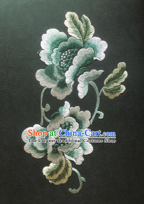 Chinese Traditional Handmade Embroidery Craft Embroidered Green Peony Blue Silk Patches