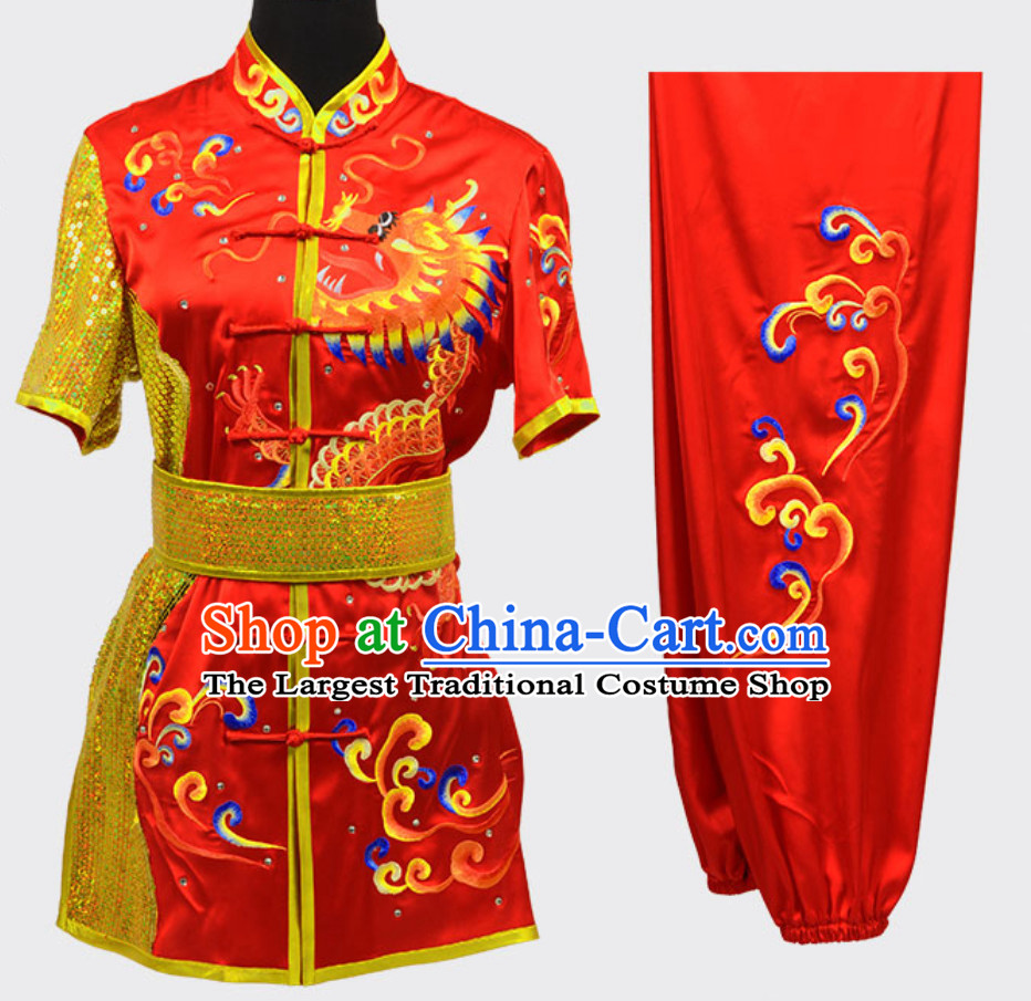 Lucky Red Top Short Sleeves Asian Embroidered Dragon Tai Chi Clothes Martial Arts Uniform Complete Set for Men or Women