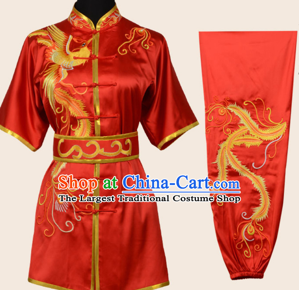 Top Red Chinese Embroidered Phoenix Gong Fu Blouse Pants Outfits Martial Arts Suit Complete Set for Men or Women