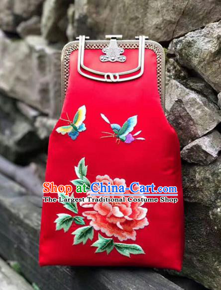 Chinese Traditional Embroidered Peony Red Handbag Handmade Embroidery Craft Silk Bags