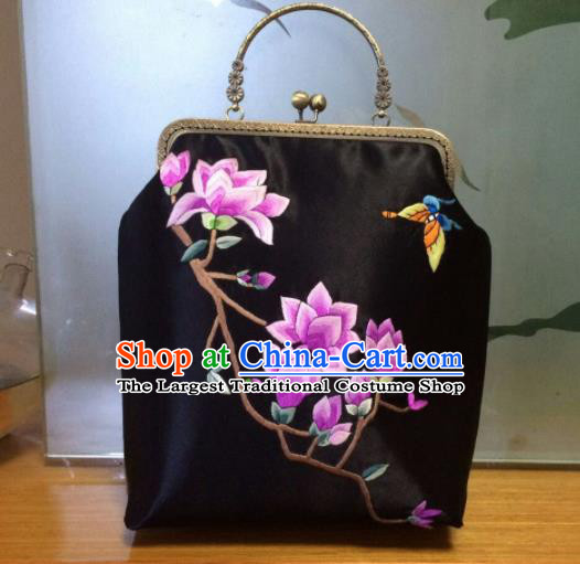 Chinese Traditional Embroidered Magnolia Black Handbag Handmade Embroidery Craft Silk Bags