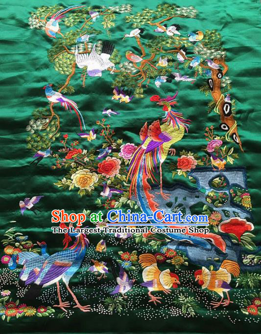 Asian Chinese Traditional Embroidered Peacock Birds Green Silk Patches Handmade Embroidery Craft