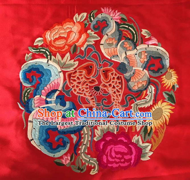 Asian Chinese Traditional Embroidered Lotus Peony Red Silk Patches Handmade Embroidery Craft