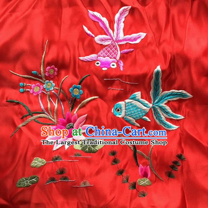 Asian Chinese Traditional Embroidered Fishes Lotus Red Silk Patches Handmade Embroidery Craft