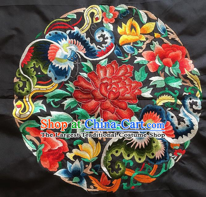 Asian Chinese Traditional Embroidered Peony Butterfly Black Silk Patches Handmade Embroidery Craft