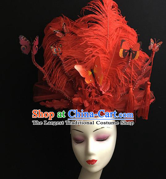 Top Halloween Catwalks Hair Accessories Brazilian Carnival Red Feather Headdress for Women