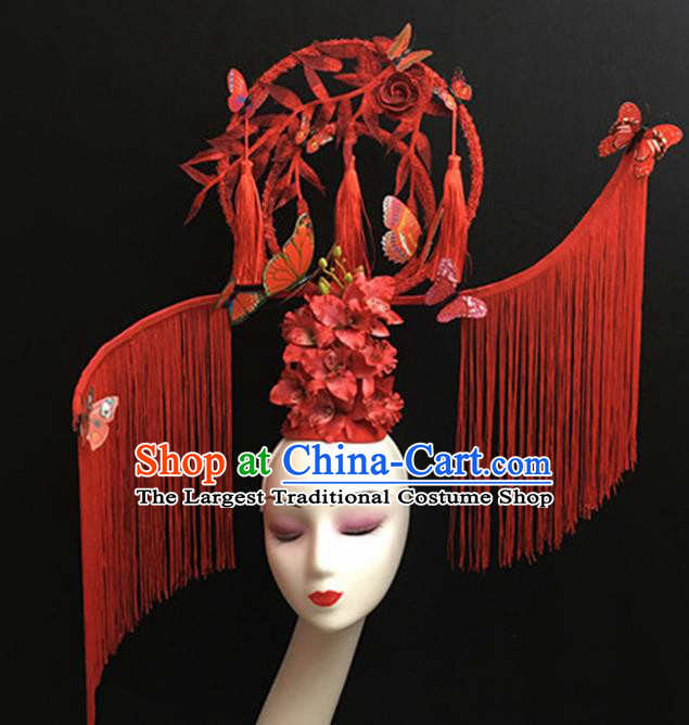 Top Halloween Red Tassel Hair Accessories Chinese Traditional Catwalks Giant Headpiece for Women