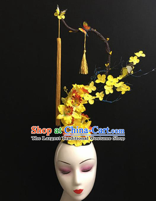 Top Halloween Yellow Tassel Branch Hair Accessories Chinese Traditional Catwalks Giant Headpiece for Women