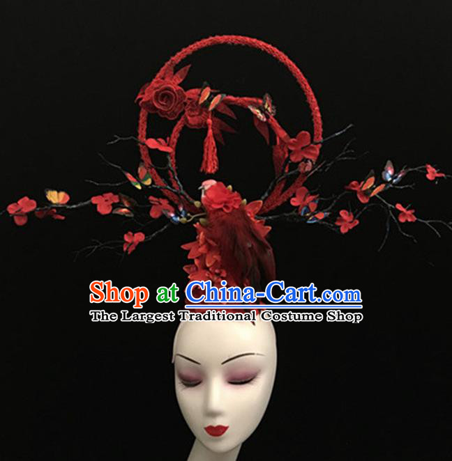 Top Halloween Giant Hair Accessories Chinese Traditional Catwalks Red Bird Headpiece for Women