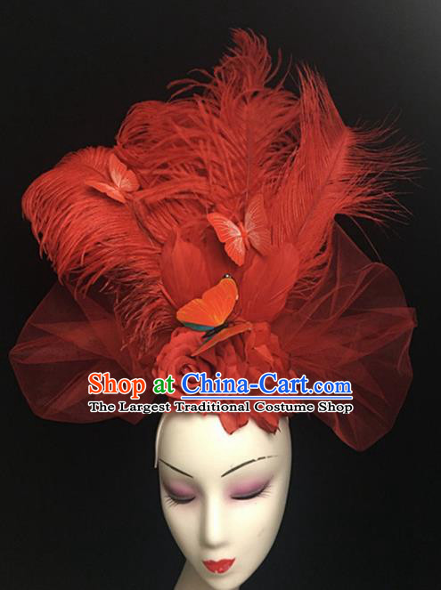 Top Halloween Catwalks Hair Accessories Stage Show Red Feather Headdress for Women