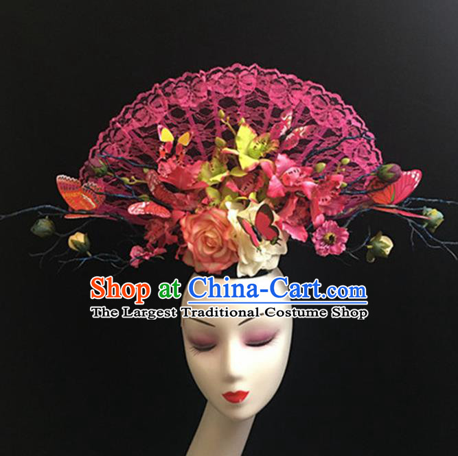 Top Halloween Giant Pink Lace Hair Accessories Chinese Traditional Catwalks Headpiece for Women