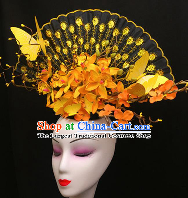 Top Halloween Stage Show Giant Hair Accessories Chinese Traditional Catwalks Yellow Flowers Headpiece for Women