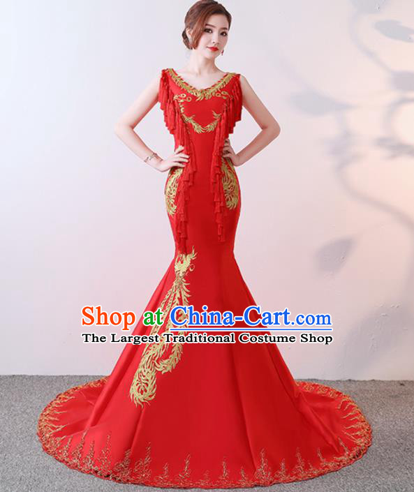 Chinese Traditional Costumes Elegant Red Trailing Full Dress Qipao Dress for Women