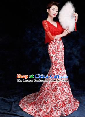 Chinese Traditional Costumes Elegant Red Lace Full Dress Compere Qipao Dress for Women