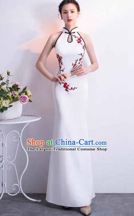 Chinese Traditional White Cheongsam Qipao Dress Elegant Compere Full Dress for Women