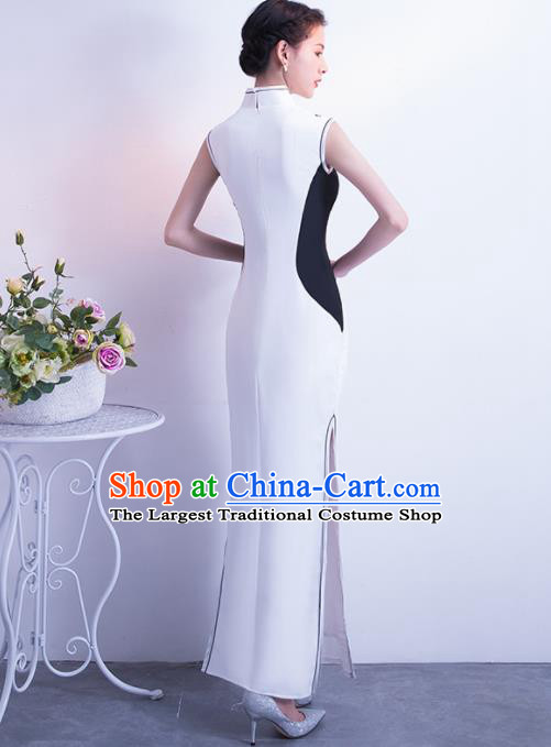 Chinese Traditional White Silk Cheongsam Qipao Dress Elegant Compere Full Dress for Women
