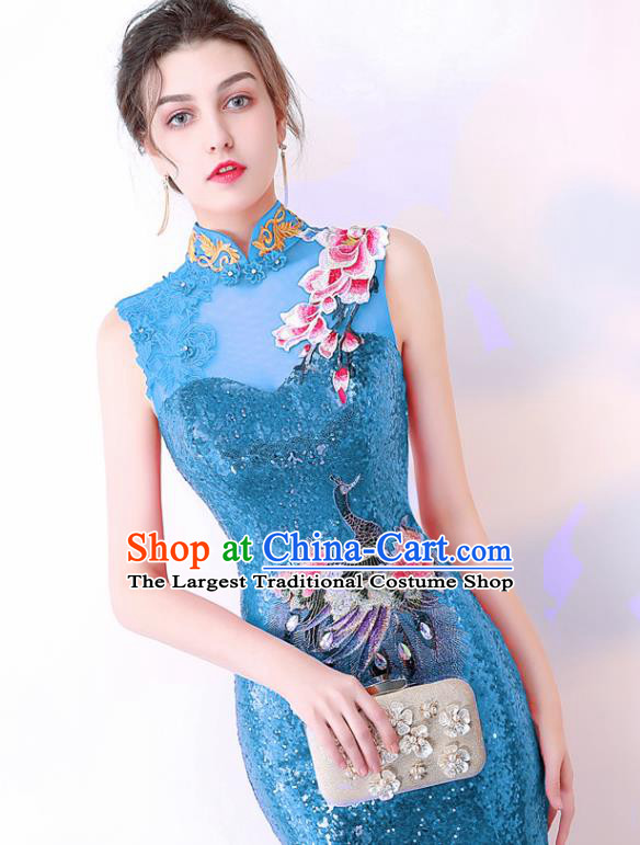 Chinese Traditional Blue Cheongsam Elegant Embroidered Qipao Dress Compere Full Dress for Women