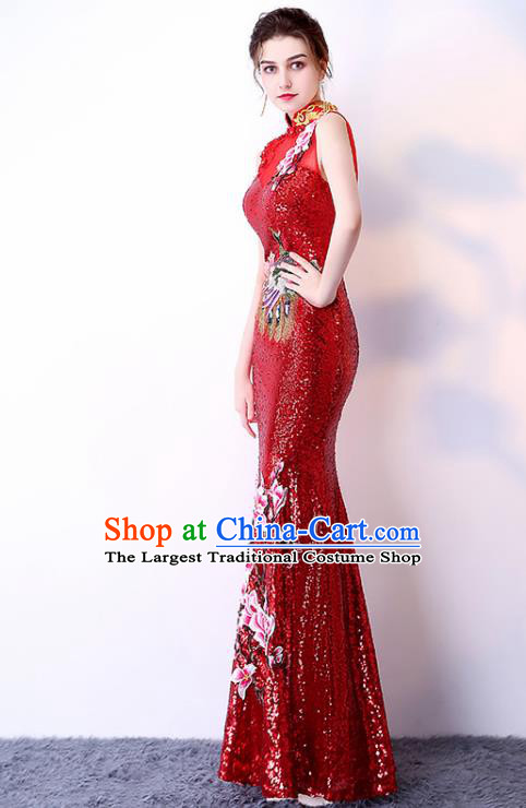 Chinese Traditional Red Cheongsam Elegant Embroidered Qipao Dress Compere Full Dress for Women