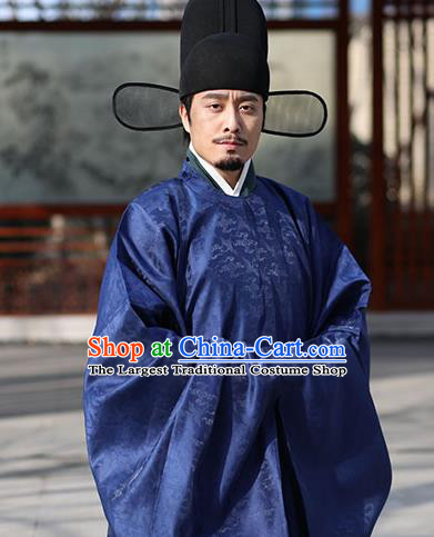 Asian Chinese Ming Dynasty Chancellor Navy Ceremonial Robe Traditional Ancient Minister Costumes for Men